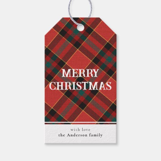 赤ミニマルとシンプル緑の格子模様の陽気なクリスマス ギフトタグ (正面)