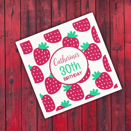 赤ミニマルと緑のかわいいイチゴ柄 スタンダードカクテルナプキン