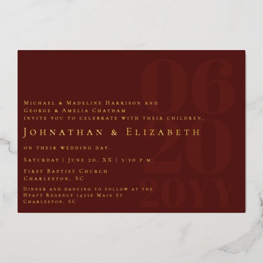 赤ミニマルはっきりしたリストタイプ結婚写真 箔招待状 (正面)