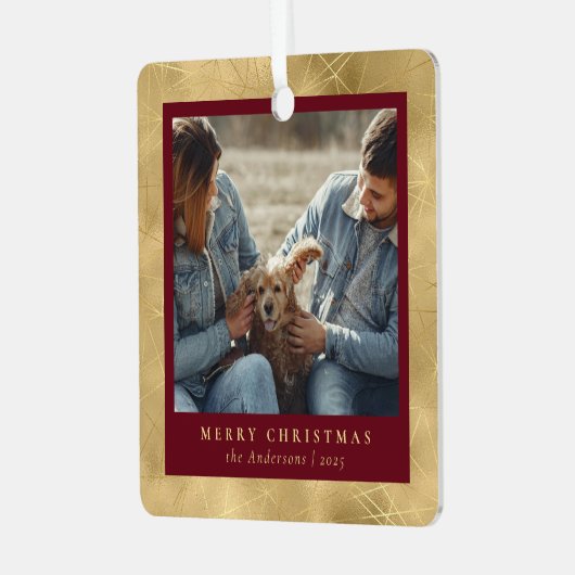 赤ミニマルエレガントと金ゴールドのクリスマスカップルの写真 メタルオーナメント (正面左)