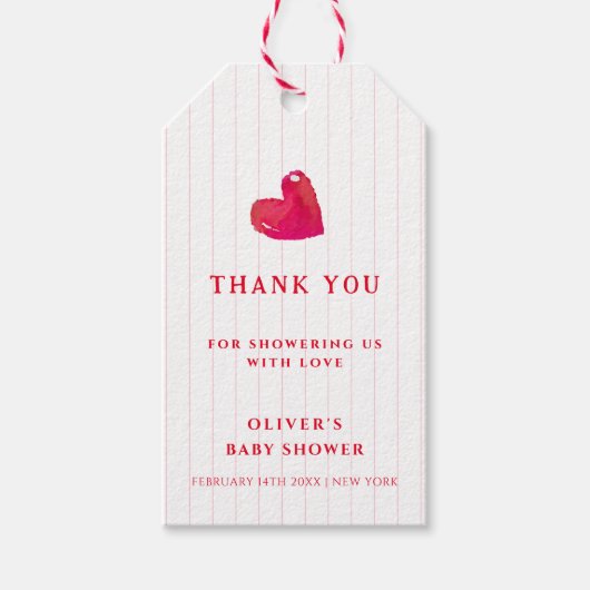 赤ミニマルハートストライプ赤ちゃんシャワー ギフトタグ (正面)