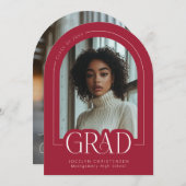 赤ミニマルモダン主義の卒業写真のお知らせ 招待状 (正面/裏面)