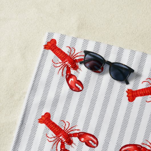 赤ミニマルロブスター抽象芸術ストライプパーソナライズされた ビーチタオル (インサイチュ)