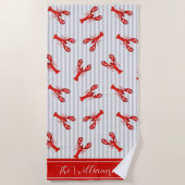 赤ミニマルロブスター抽象芸術ストライプパーソナライズされた ビーチタオル (正面)