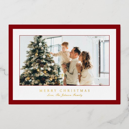 赤ミニマル縁ど写真エレガントクリスマス 箔シーズンカード (正面)