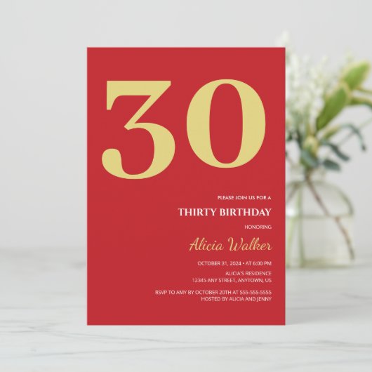 赤ミニマル金ゴールドタイポグラフィ誕生日 招待状 (スタンド正面)
