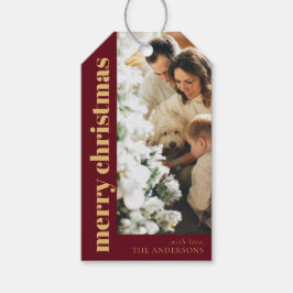 赤メモダンリーエレガントクリスマス家族の写真 ギフトタグ