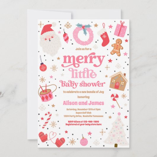 赤メリーとピンクの小さなクリスマスの赤ちゃん 招待状 (正面)