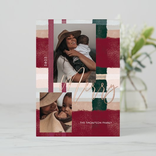 赤メリーとモダン緑の格子模様2枚の写真 箔シーズンカード (立ち正面)