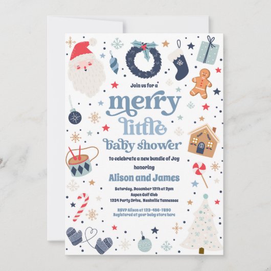 赤メリーと青の小さなクリスマスの赤ちゃんシャワー 招待状 (正面)