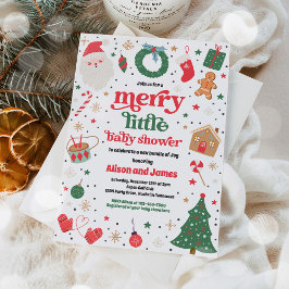 赤メリーと青の小さなクリスマスの赤ちゃんシャワー 招待状