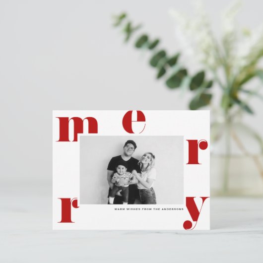 赤メリーはっきりしたタイポグラフィモダン写真 シーズンポストカード (スタンド正面)