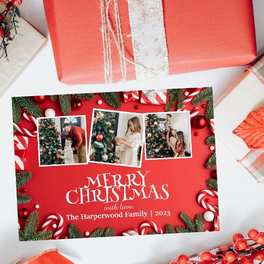 赤メリーエレガントクリスマス家族の写真コラージュ 箔シーズンカード
