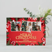 赤メリーエレガントクリスマス家族の写真コラージュ 箔シーズンカード (立ち正面)