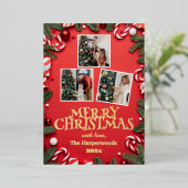 赤メリーエレガントクリスマス家族の写真コラージュ 箔シーズンカード (立ち正面)