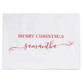 赤メリークリスマスかわいい弓の署名名 ラージペーパーバッグ (正面)