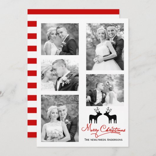 赤メリークリスマスの鹿の新婚の写真コラージュ シーズンカード (正面/裏面)