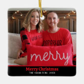赤メリークリスマスよくはしゃぐ写真 セラミックオーナメント (正面)