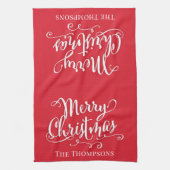 赤メリークリスマススクリプパーソナライズされたト キッチンタオル (縦)