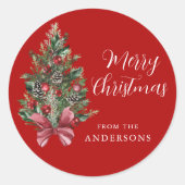 赤メリークリスマスツリー大ステッカーラベル ラウンドシール (正面)