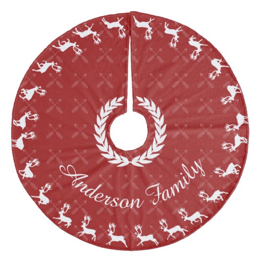 赤メリークリスマスファミリー名トナカイの矢印 フリース ツリースカート (正面)