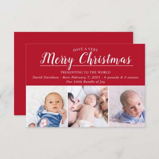 赤メリークリスマスフォトベビー誕生発表 エンクロージャーカード (正面/裏面)