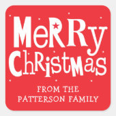 赤メリークリスマスモダンの名パーソナライズされた前 スクエアシール (正面)