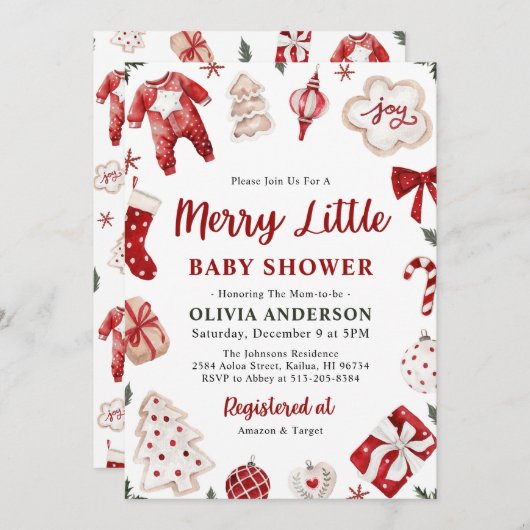 赤メリー冬クリスマスクリスマスベビーシャワー 招待状 (正面/裏面)