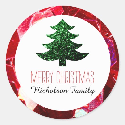 赤モザイクグリーンクリスマスツリー輝くギフトラベル ラウンドシール (正面)