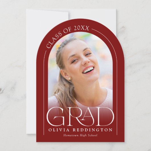 赤モダンいアーチ2写真卒業発表 招待状 (正面)