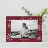 赤モダンいクリスマスの台本の雪片の写真 シーズンカード (スタンド正面)