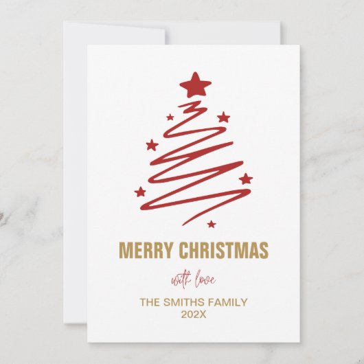赤モダンいクリスマスツリーとパーソナライズされた写真 シーズンカード (正面)