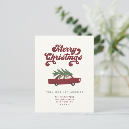 赤モダンいクリスマスツリーカーが動いた 案内ポストカード (スタンド正面)