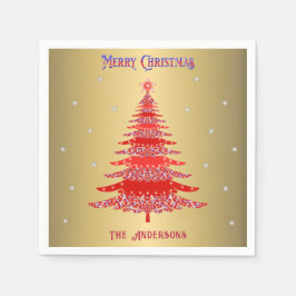 赤モダンいクリスマスツリー雪片名金ゴールド スタンダードカクテルナプキン