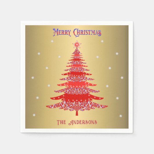 赤モダンいクリスマスツリー雪片名金ゴールド スタンダードカクテルナプキン (正面)