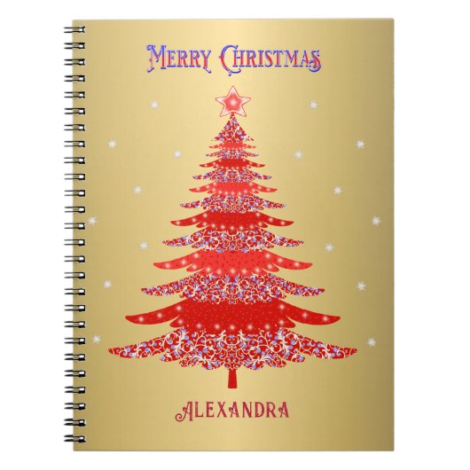 赤モダンいクリスマスツリー雪片名金ゴールド ノートブック (正面)