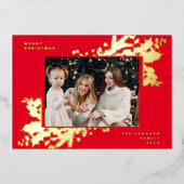 赤モダンいクリスマス植物写真金ゴールド枠 箔シーズンカード (正面)