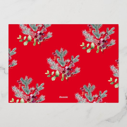 赤モダンいクリスマス植物写真金ゴールド枠 箔シーズンカード (裏面)