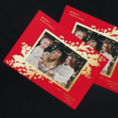 赤モダンいクリスマス植物写真金ゴールド枠 箔シーズンカード