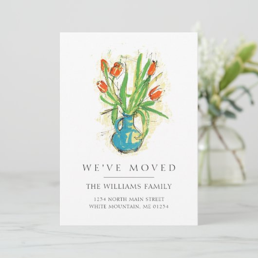 赤モダンいチューリップ青の花瓶フローラ移動 案内状 (スタンド正面)
