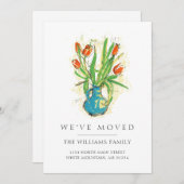 赤モダンいチューリップ青の花瓶フローラ移動 案内状 (正面/裏面)