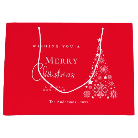 赤モダンい可愛いメリークリスマスツリー ラージペーパーバッグ (正面)