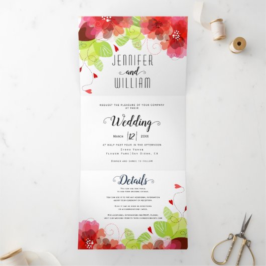 赤モダンい花、タイポグラフィフローラ結婚ズ 三つ折り招待状 (内部)