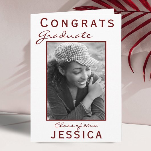 赤モダンおめでとう院卒業フォトカード カード