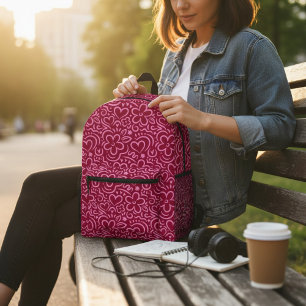 赤モダンお洒落ピンクの花ハートドードル プリントバックパック