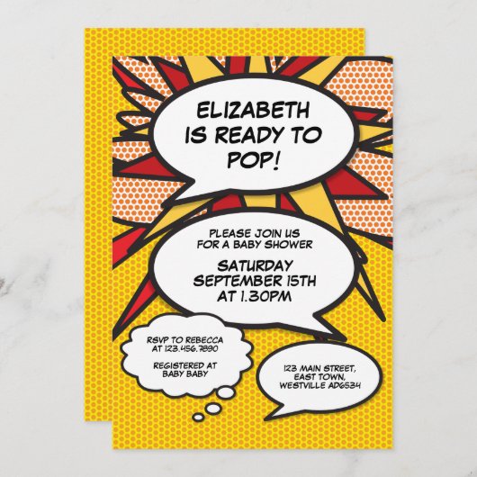 赤モダンちゃんシャワーおもしろい音声バブル 招待状 (正面/裏面)