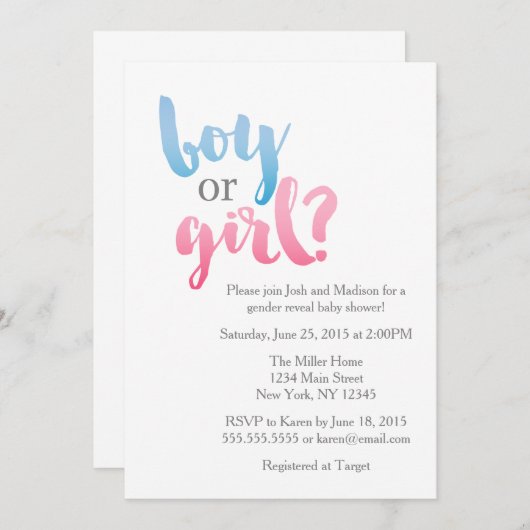 赤モダンちゃんシャワーを明かす青とピンクの性別 招待状 (正面/裏面)