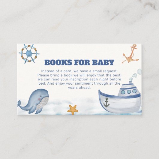赤モダンちゃんシャワー用のボーイ・ホエールセーリングボートブック エンクロージャーカード (正面)