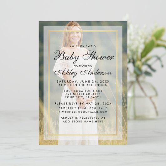 赤モダンちゃんシャワー金ゴールドフレームオーバーレイフォト 招待状 (スタンド正面)