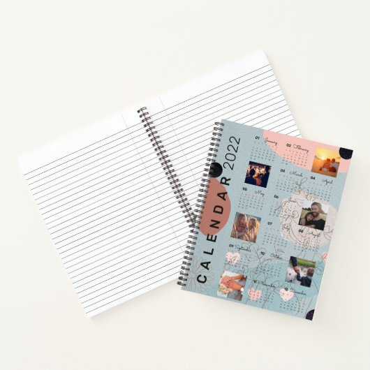 赤モダンちゃんブルーパーソナライズされた写真2022カレンダー ノートブック (内部)